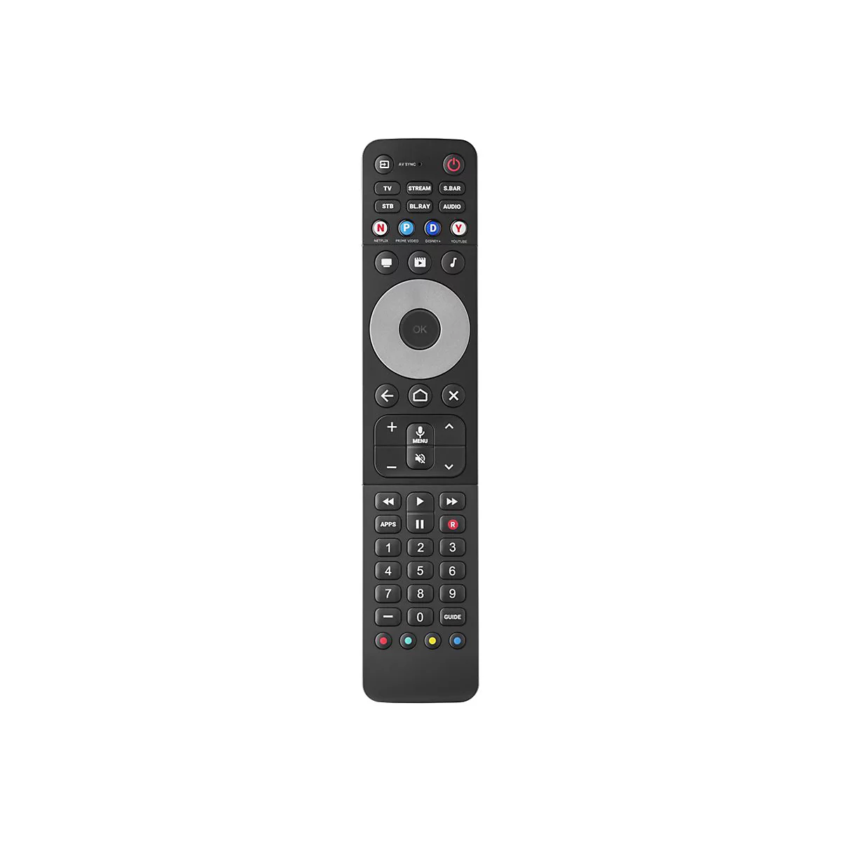 Schwarze Fernbedienung mit runder Navigationstaste und Tasten für Streaming-Dienste vor weißem Hintergrund.