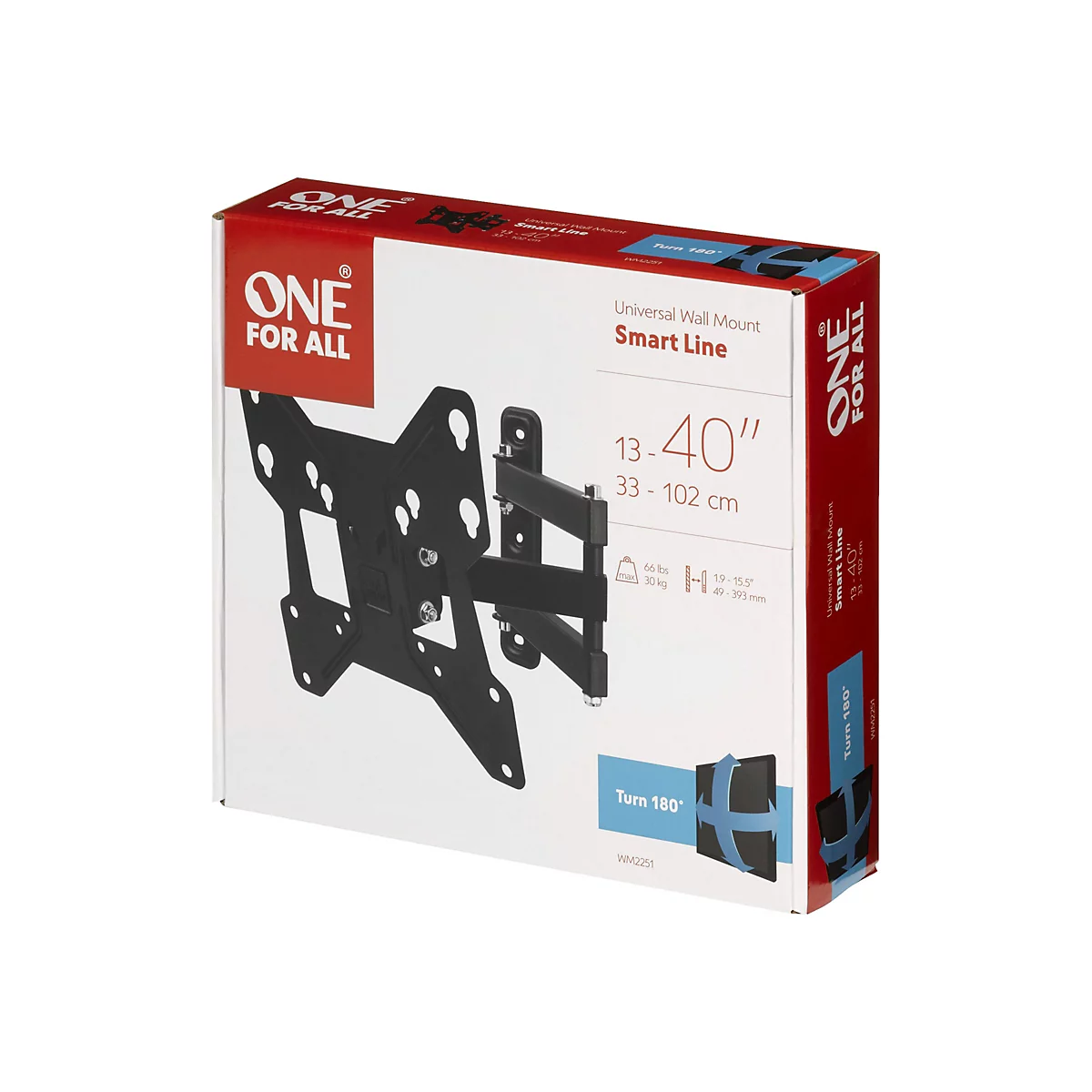 Produktverpackung einer schwarzen, schwenkbaren Universal-Wandhalterung von One For All für TVs bis 40 Zoll.