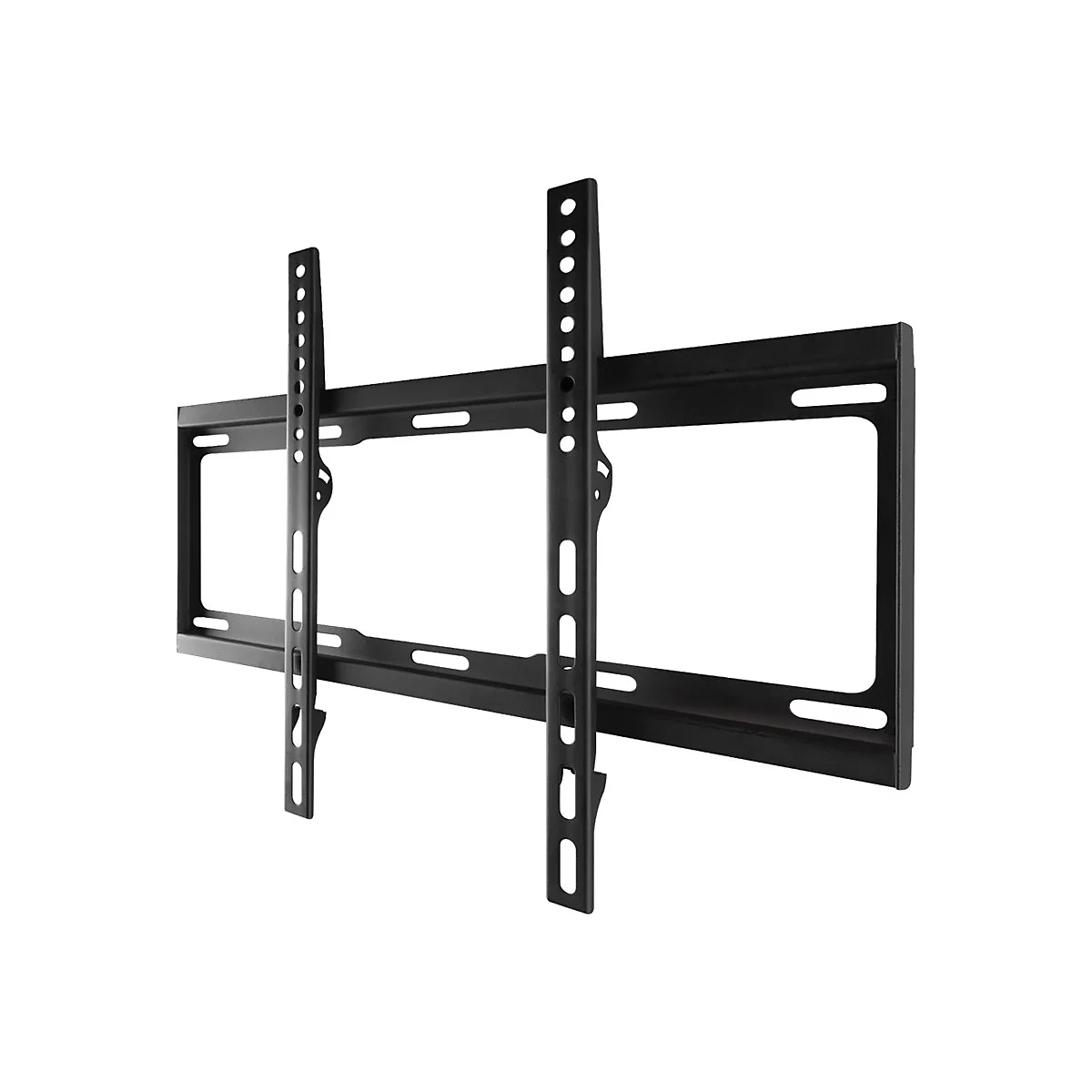 Schwarze TV-Wandhalterung aus Metall vor weißem Hintergrund.