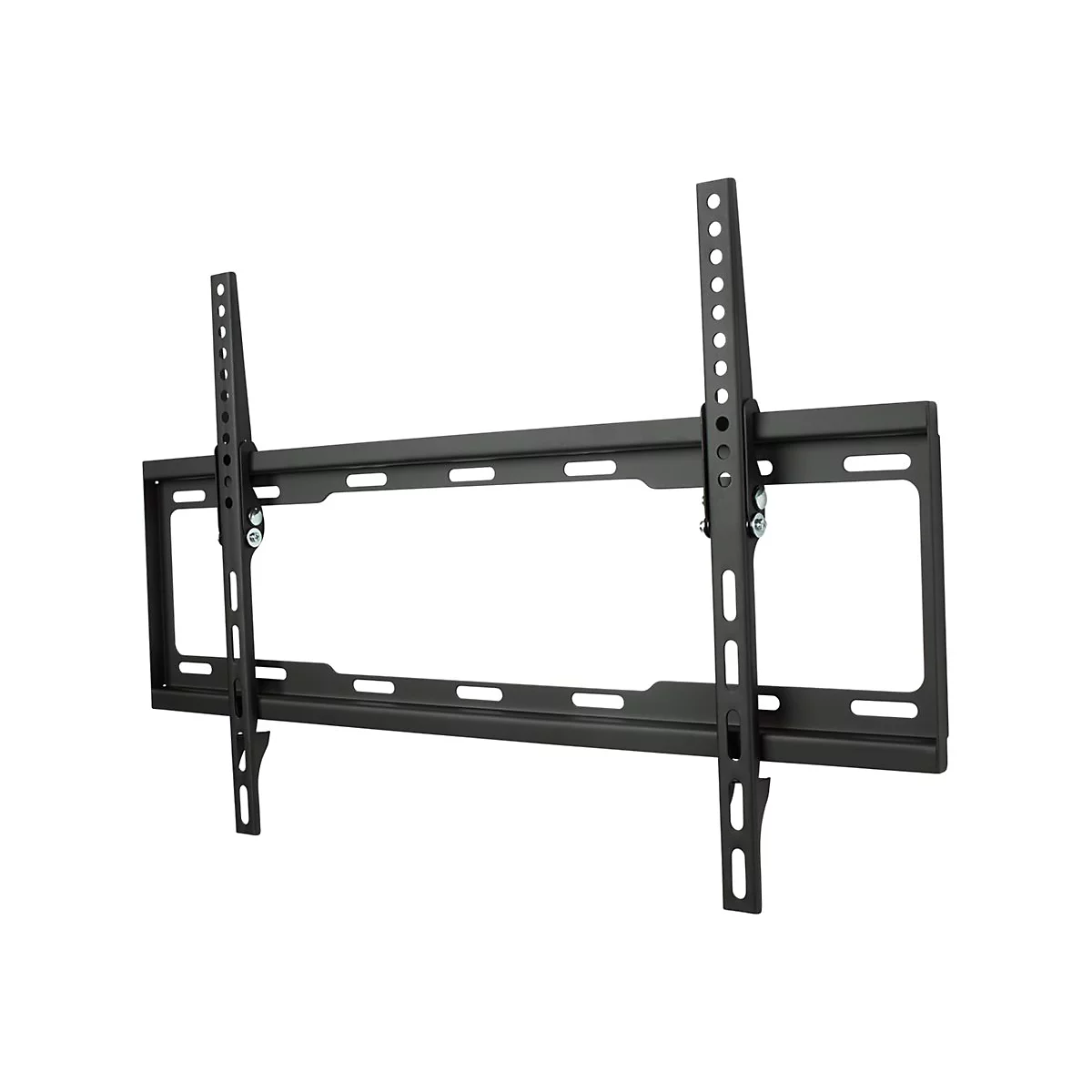 Schwarze TV-Wandhalterung aus Metall vor weißem Hintergrund.