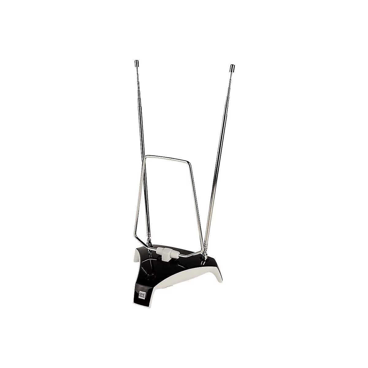 Eine One For All Zimmerantenne mit zwei ausziehbaren Metallantennen auf einem schwarz-weißen Sockel.
