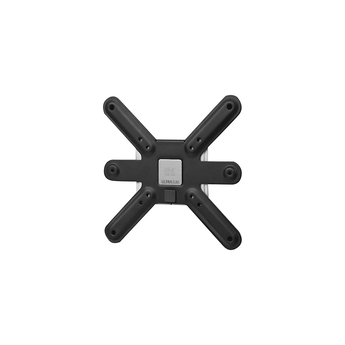 Schwarze, X-förmige Wandhalterung mit Logo-Platte in der Mitte vor weißem Hintergrund.