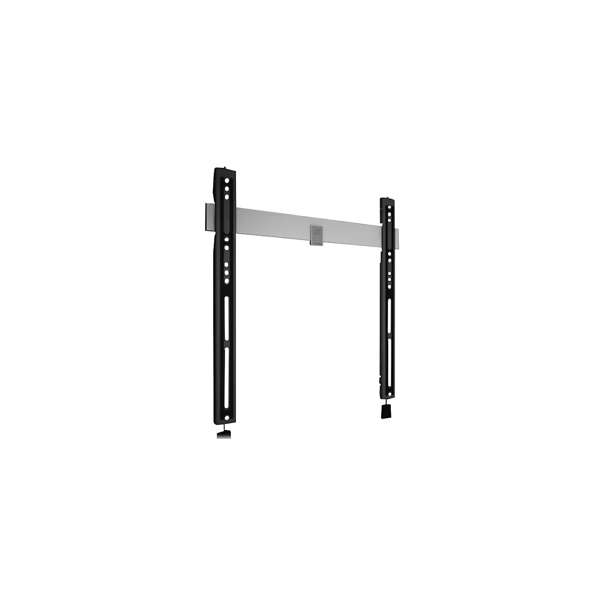 Schwarze TV-Wandhalterung mit horizontaler Metallschiene und zwei vertikalen Montagearmen vor weißem Hintergrund.