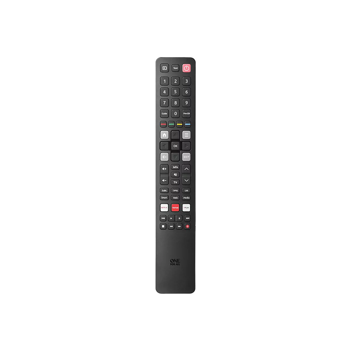 Schwarze Fernbedienung mit zahlreichen Knöpfen, darunter Power-, Ziffern-, Steuer- und Streaming-Tasten.