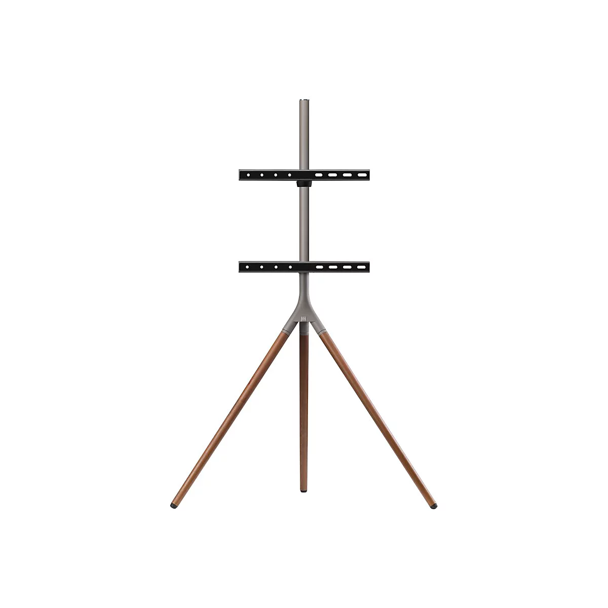 Moderner TV-Ständer mit Holzbeinen in Stativoptik vor weißem Hintergrund.
