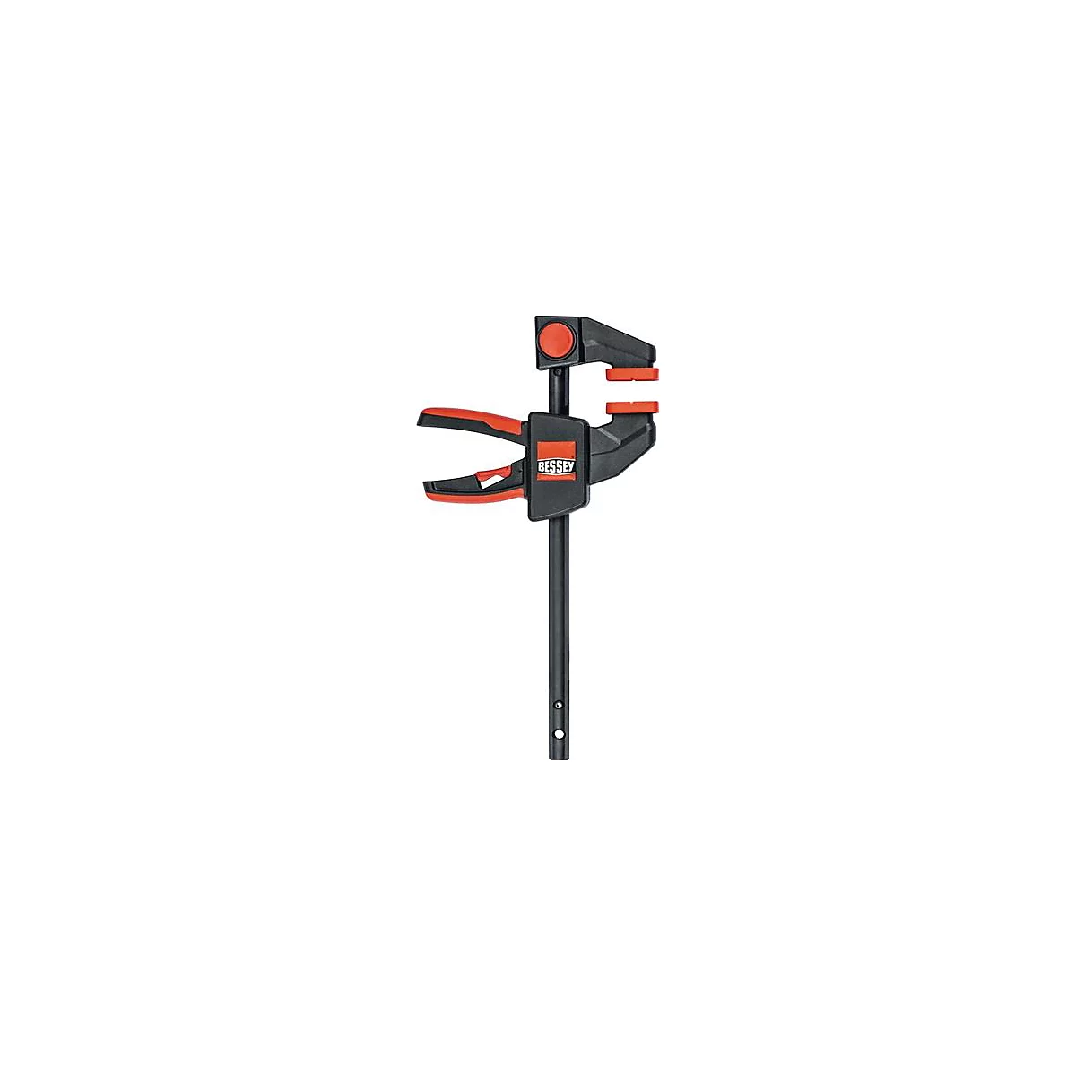 A black and red Bessey clamp. The clamp has a red handle and clamping jaws.