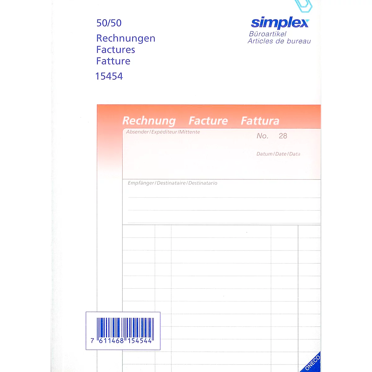 Invoice form by Simplex, with red stripe and text fields. Printed with names in German, French and Italian.
