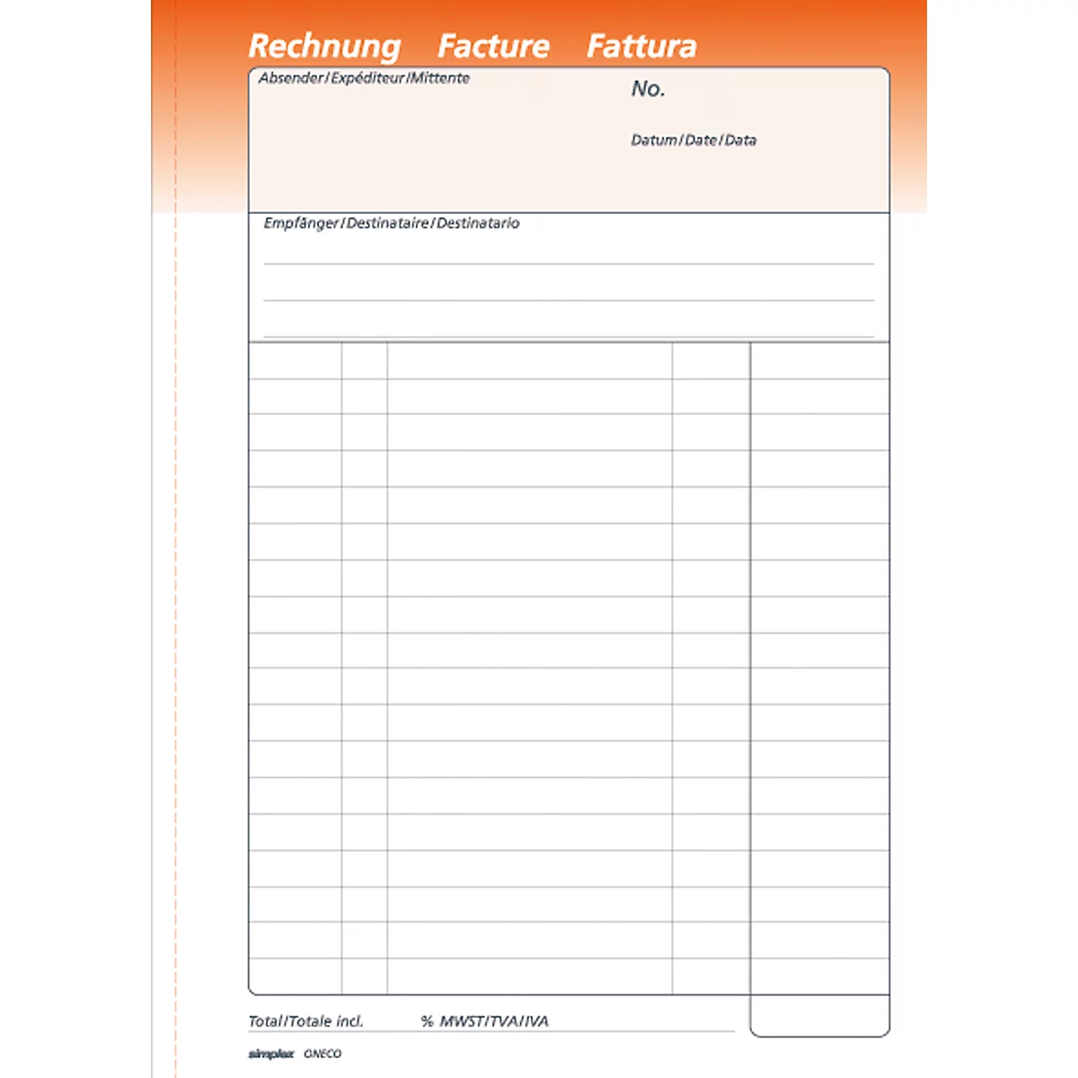 A blank invoice with the words Rechnung, Facture, and Fattura in orange and white. Various fields are provided for sender, recipient, and details.