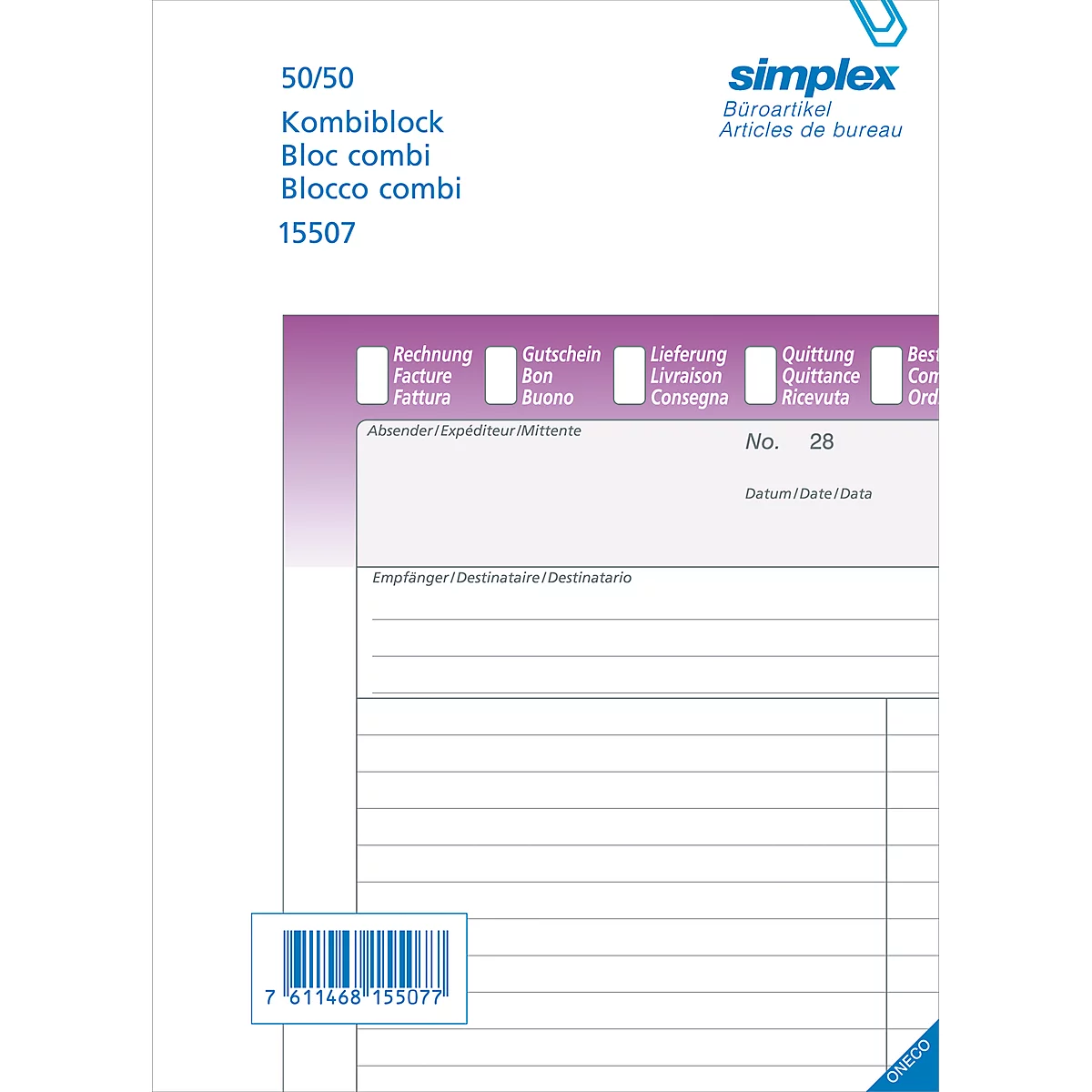 Combined block with invoice and voucher options, barcode at the bottom, brand name in the upper right.