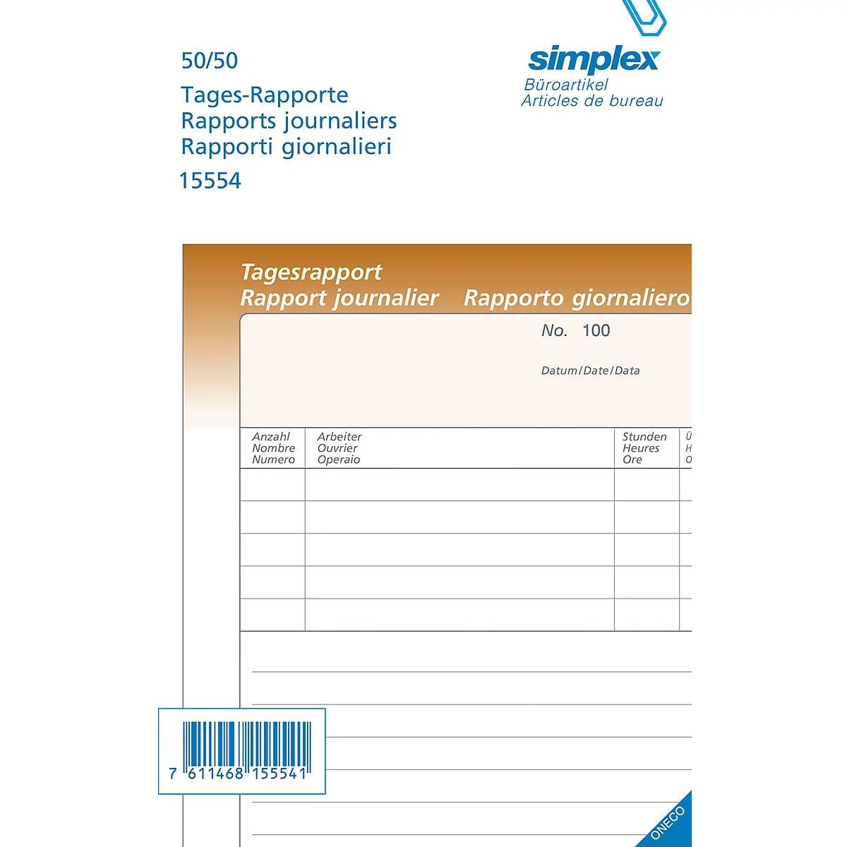 A white daily report booklet with a blue Simplex logo and information. The booklet has tables and a barcode.