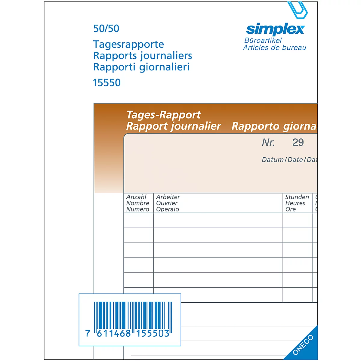 White daily report form with text in German, French, and Italian. Barcode in the lower left.