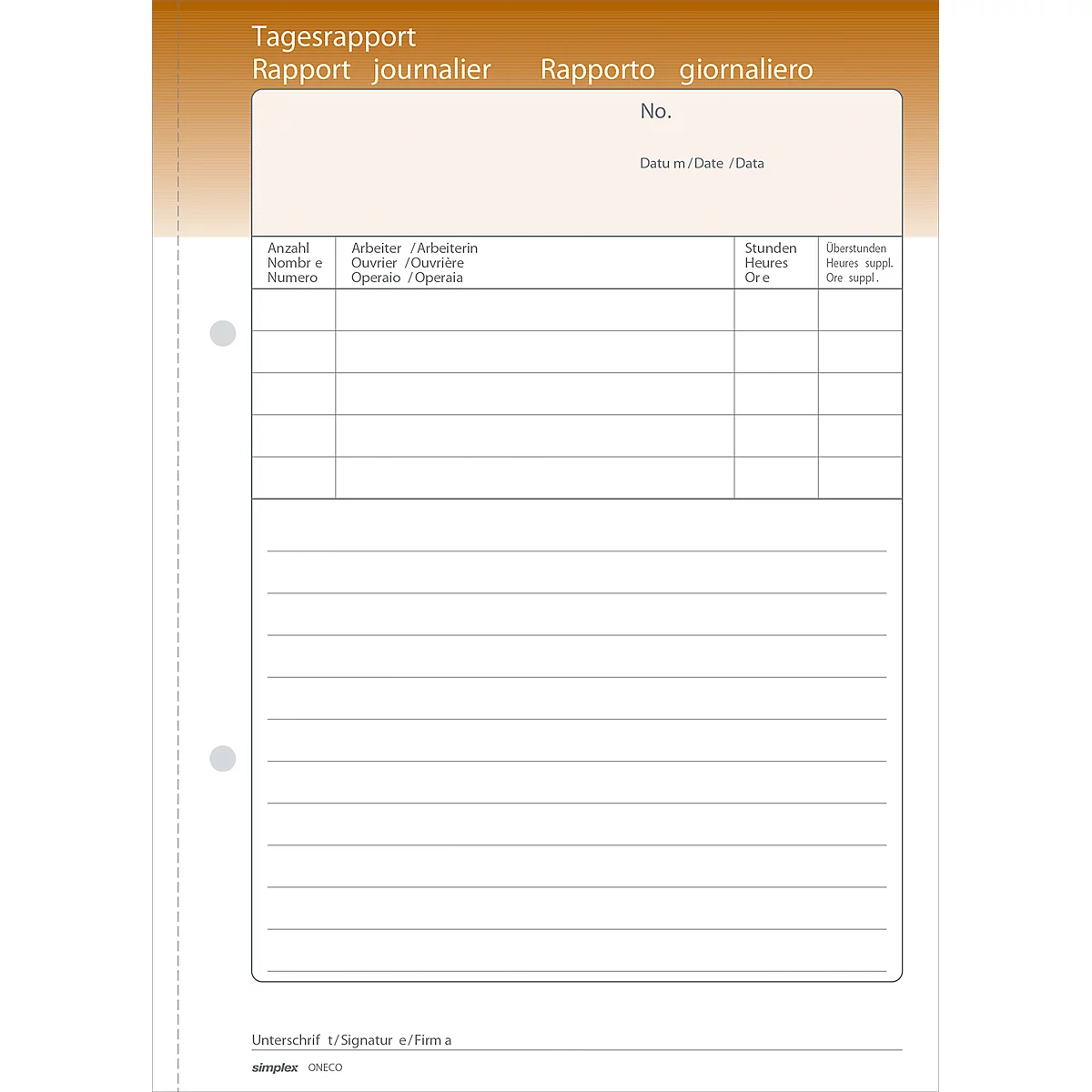 A white daily report form with a brown header and gray lines. Text in German, French, and Italian.