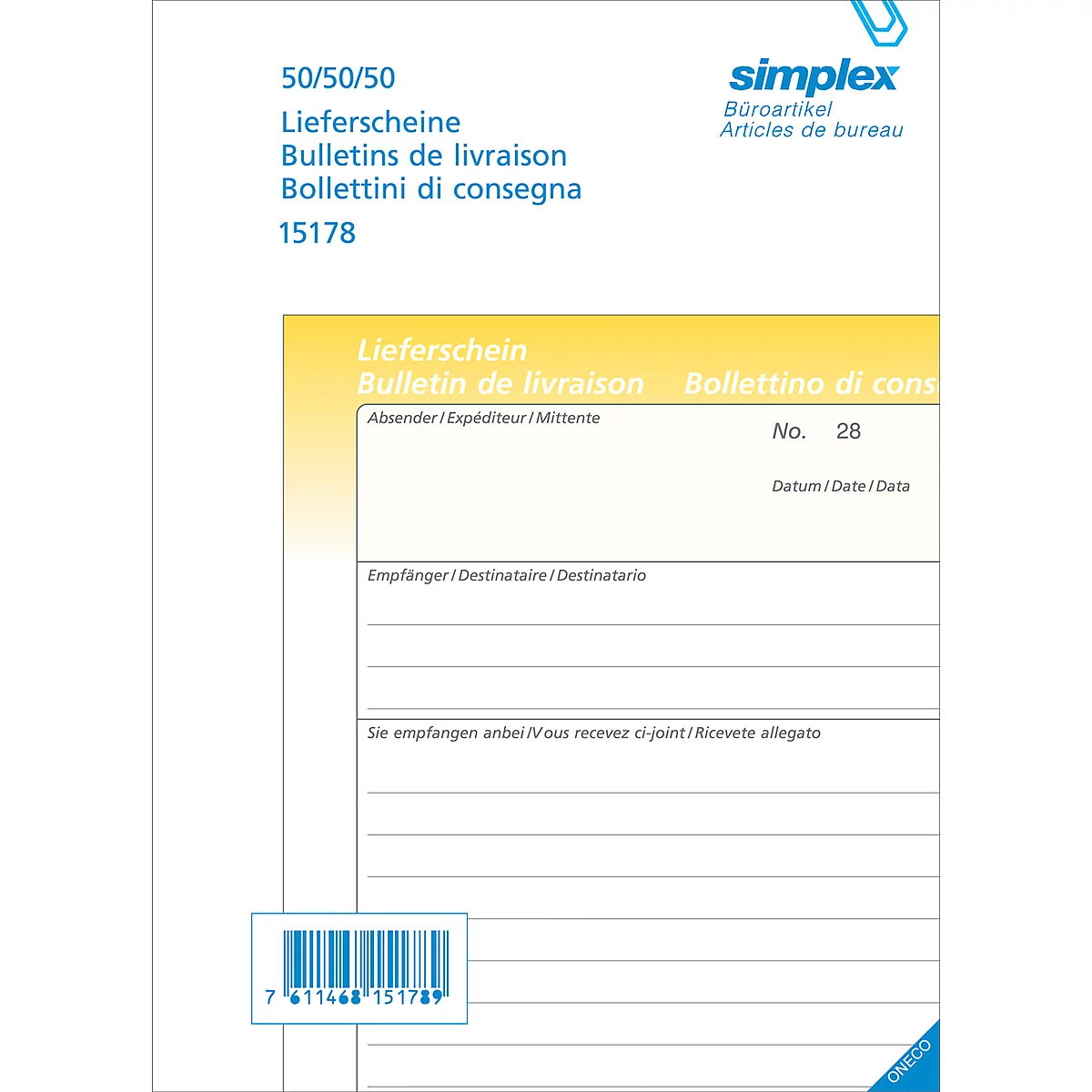 A white delivery note with a blue barcode and the Simplex brand.