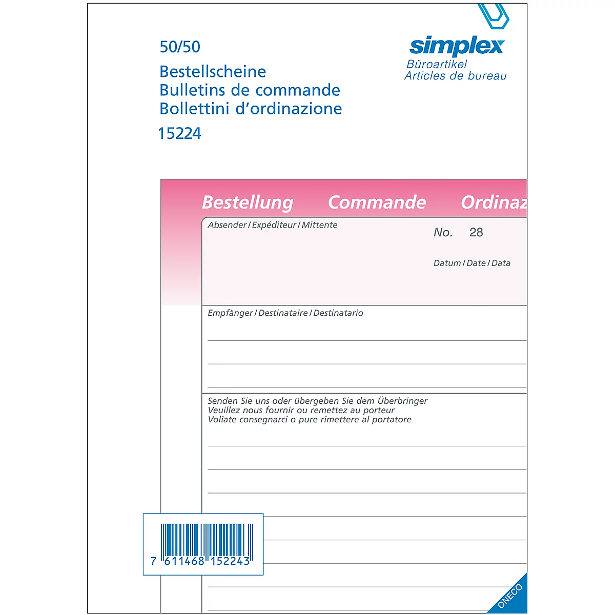 Order form with multilingual titles, pink frame, barcode and logo.