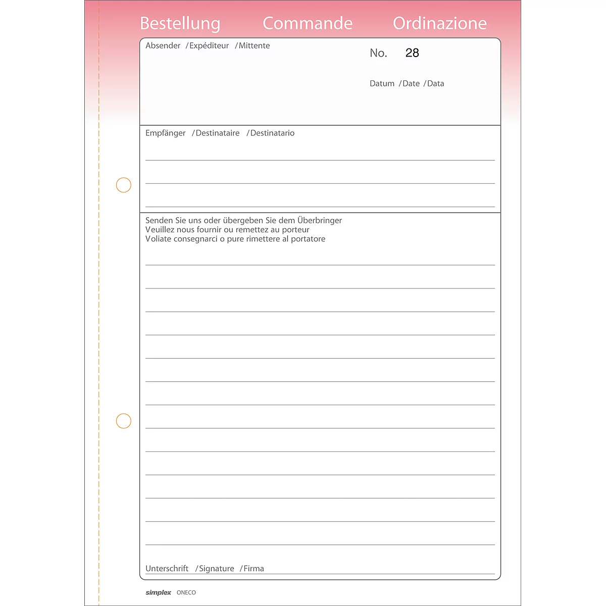 Lined order form with pink header. Inscription: Bestellung, Commande, Ordinazione. Number 28 is visible.