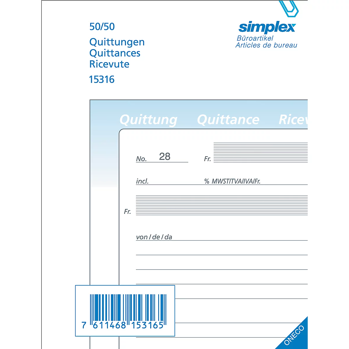 Receipt book with blue lettering. At the top is "receipt". Below is a barcode and the "simplex" logo.