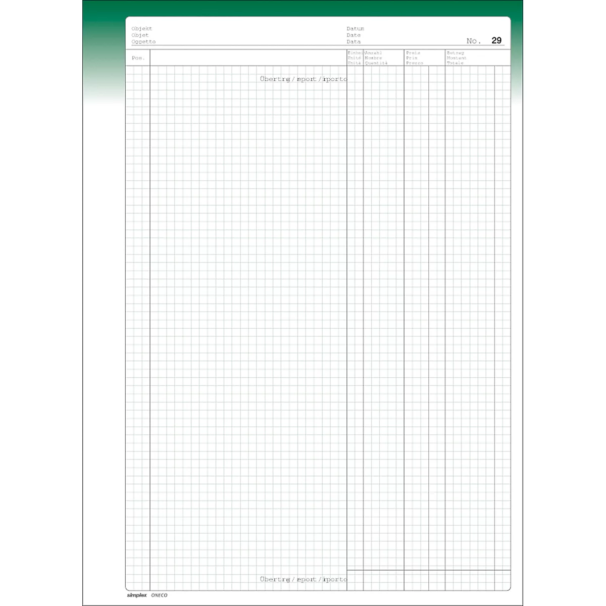 Gridded sheet with green accents and table headings. Number 29 at the top right.