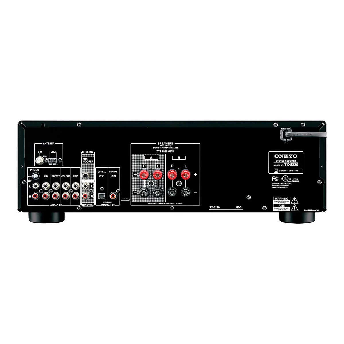 Rückseite des Onkyo TX-8220 Stereo-Receivers mit verschiedenen Audio-Anschlüssen, Lautsprecherklemmen und Antennen-Eingängen.
