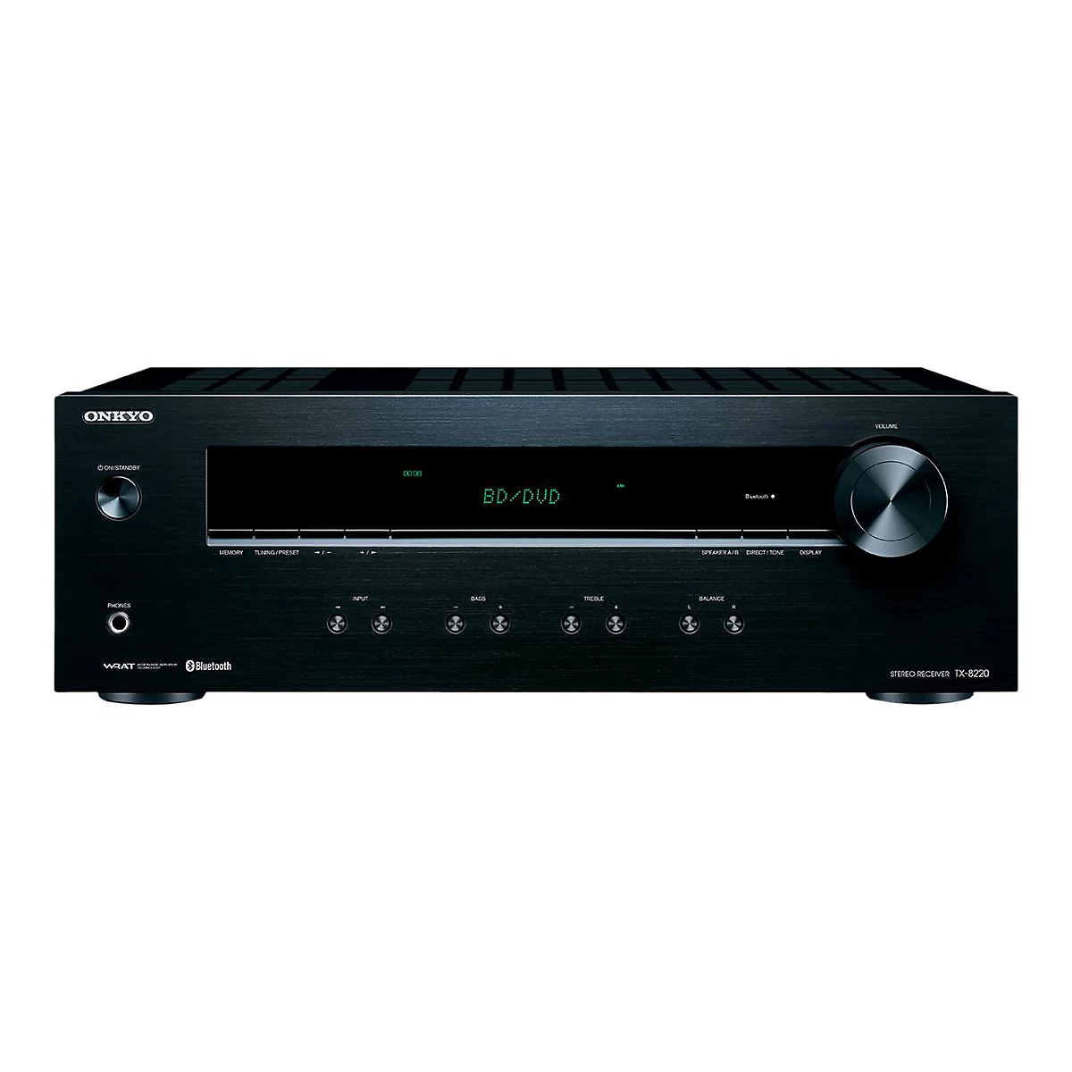 Schwarzer Onkyo Stereo-Receiver TX-8220 mit Display, großem Lautstärkeregler und diversen Bedienknöpfen.
