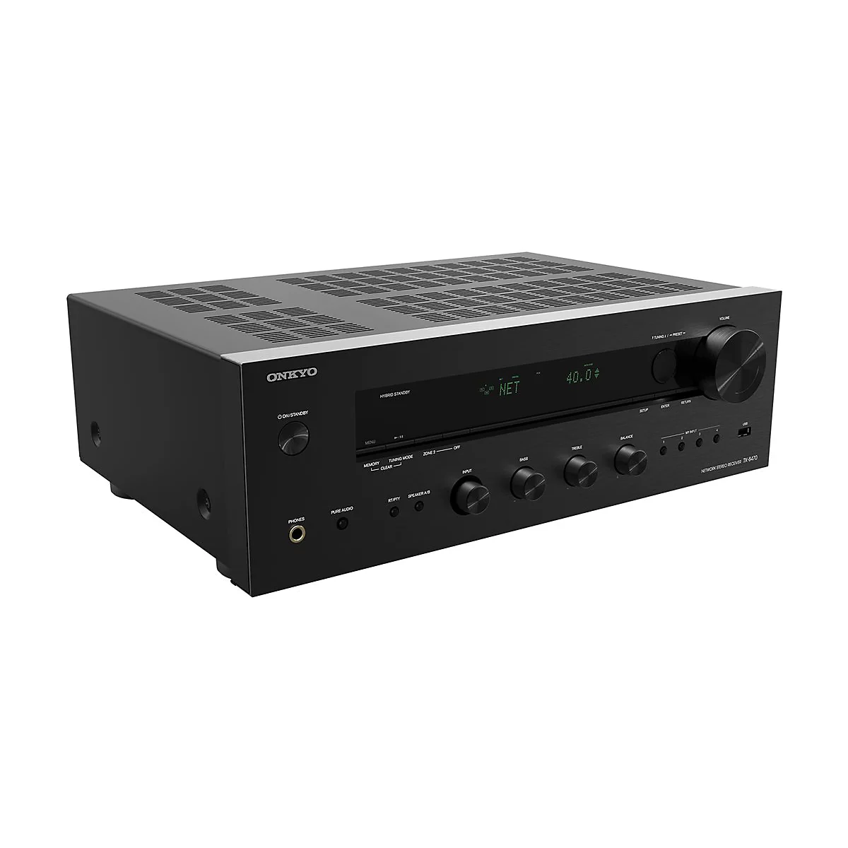 Schwarzer Onkyo Netzwerk-Stereo-Receiver mit Display, Drehreglern und Anschlüssen vor weißem Hintergrund.