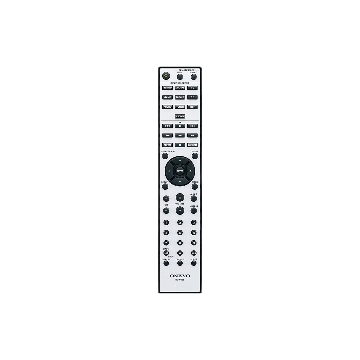 Silberne Onkyo Fernbedienung Modell RC-903S mit zahlreichen schwarzen Tasten auf weißem Hintergrund.