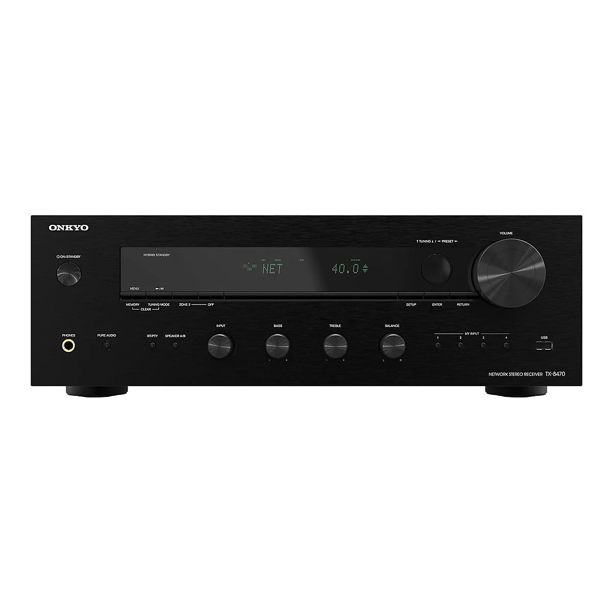 Schwarzer Onkyo Netzwerk-Stereo-Receiver TX-8470 von vorne mit Display, Lautstärkeregler und Anschlüssen.