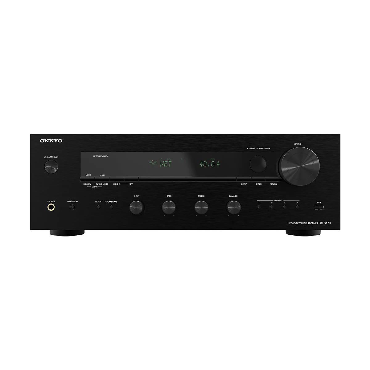 Schwarzer Onkyo Netzwerk-Stereo-Receiver TX-8470 von vorne mit Display und Drehreglern.