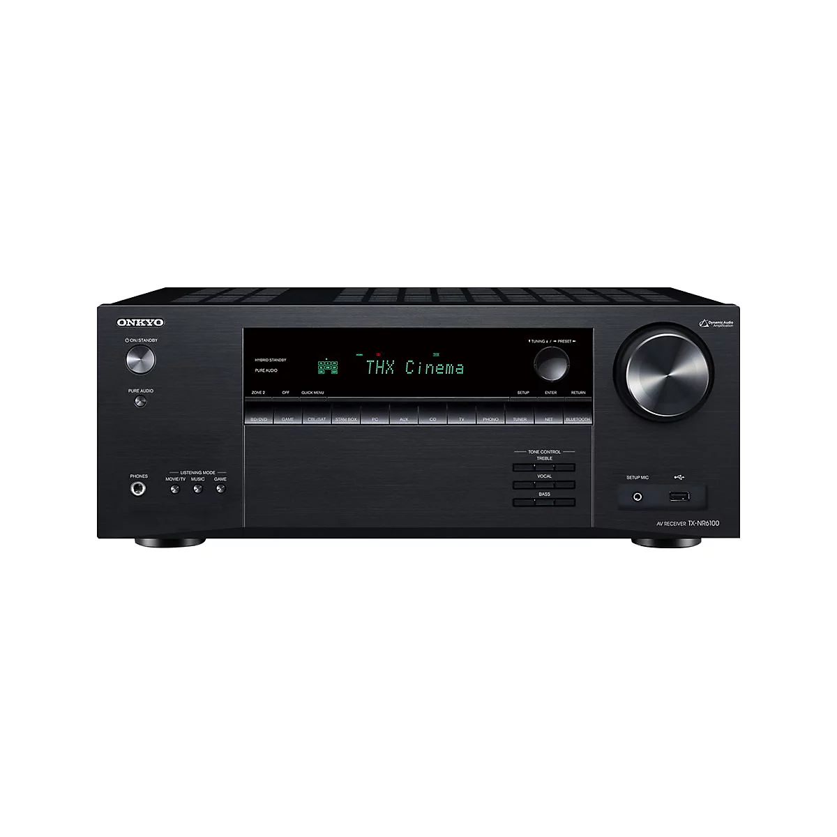 Ein schwarzer AV-Receiver, Frontansicht, mit Knöpfen und einem Display, auf dem "THX Cinema" steht.