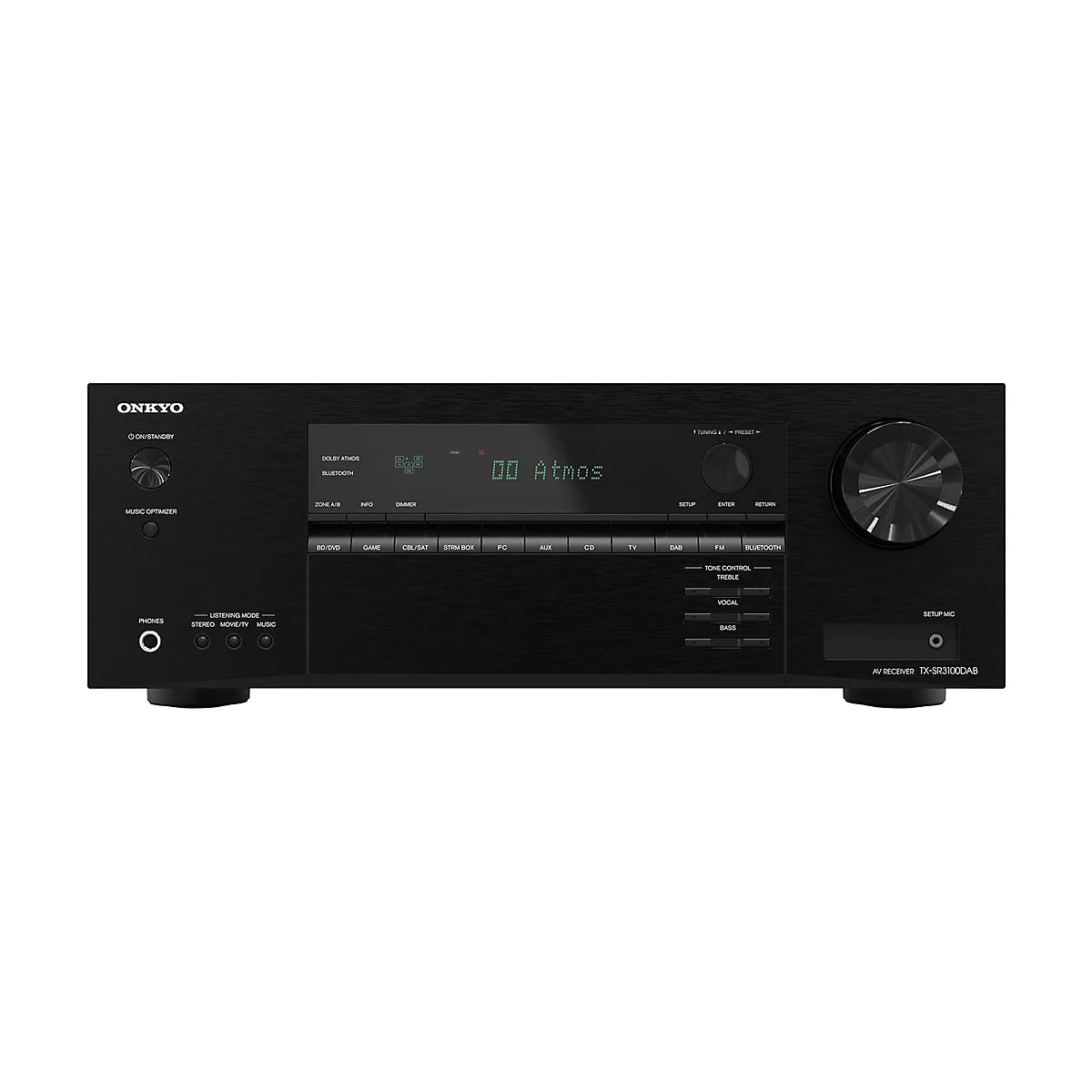 Schwarzer Onkyo AV-Receiver TX-SR3100DAB mit digitalem Display und Drehregler auf weißem Hintergrund.