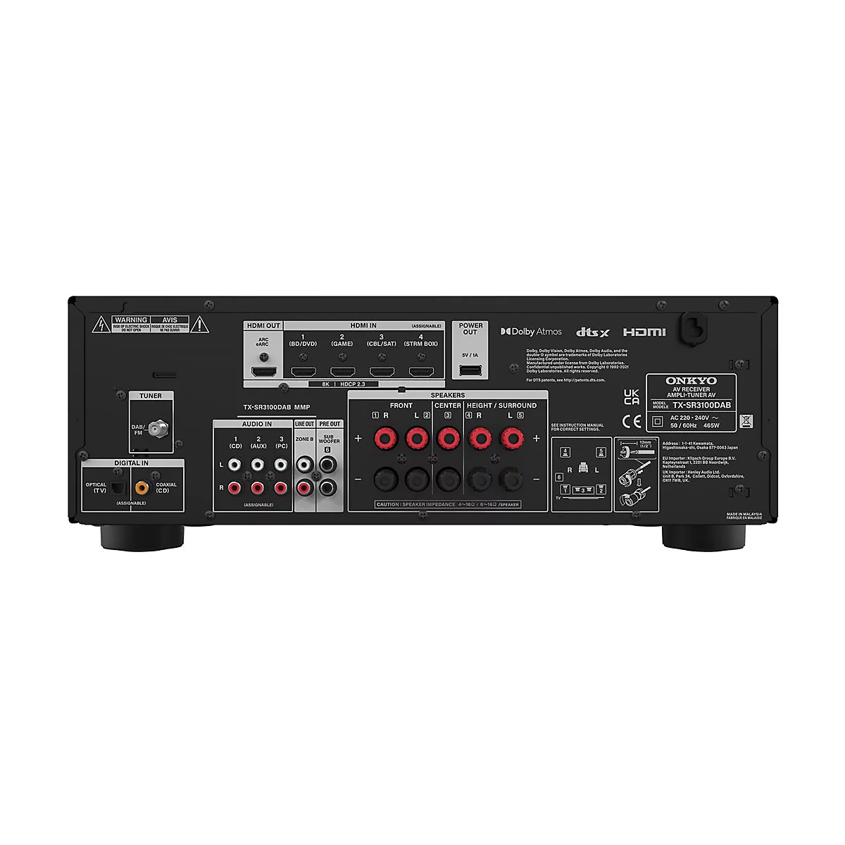 Rückseite eines Onkyo AV-Receivers mit verschiedenen Anschlüssen wie HDMI, Audio-Eingängen und Lautsprecherklemmen.