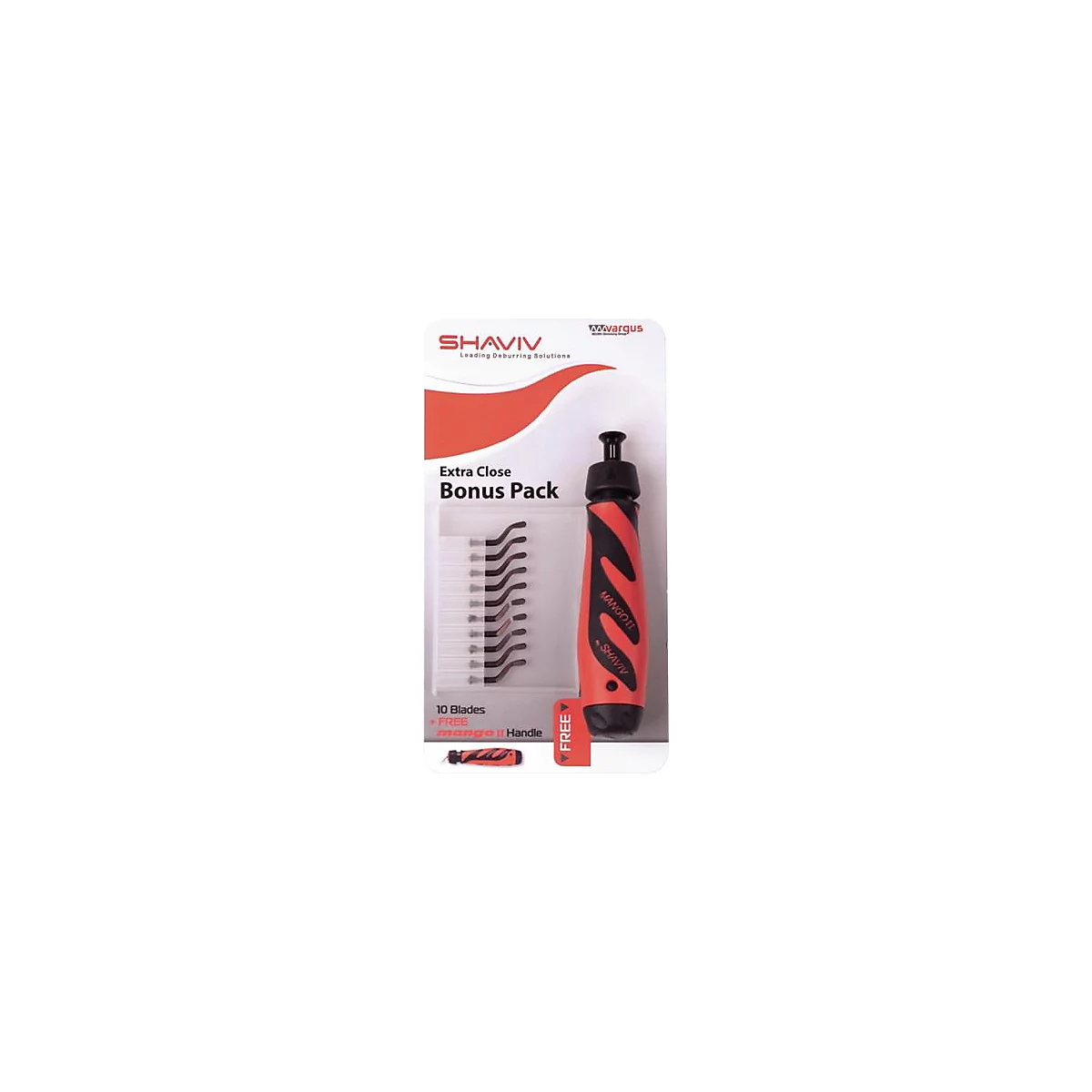 Productverpakking met een ontbraamgereedschap, rood-zwart, en mesjes. Bevat "Extra Close Bonus Pack" en "Mango II Handle".