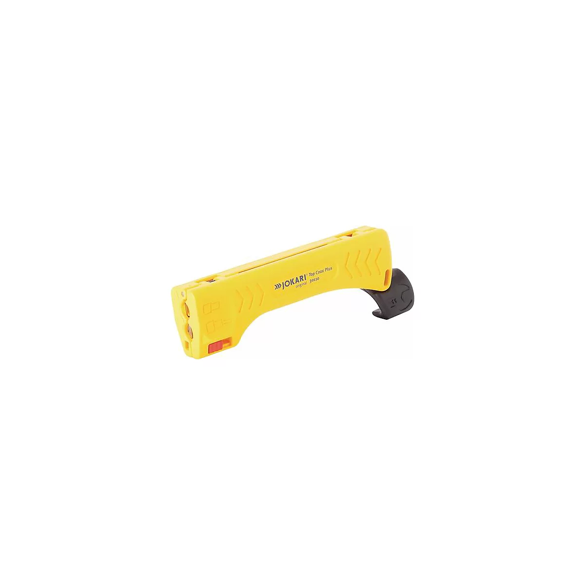 Gele draadstripper met een zwarte handgreep rechts. Tekst: »JOKARI Top Coax Plus«.