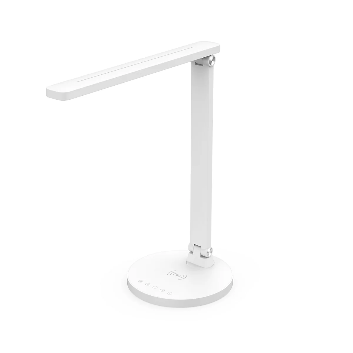 Witte LED bureaulamp met ronde voet en verstelbare arm, zwarte en witte achtergrond.