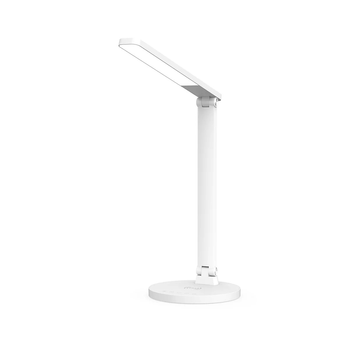 Witte bureaulamp, rechthoekige lampkop, arm en ronde voet. Zwarte achtergrond.