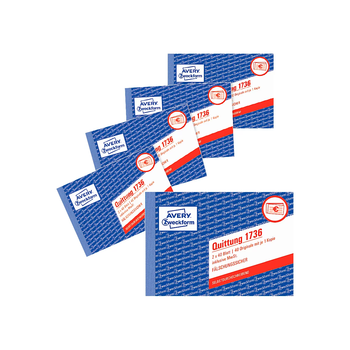 Ontvangstbewijs Avery Zweckform 1736-5, incl. BTW, A6 liggend formaat, 5 blokken met elk 2 x 40 vel, FSC® papier, wit/geel