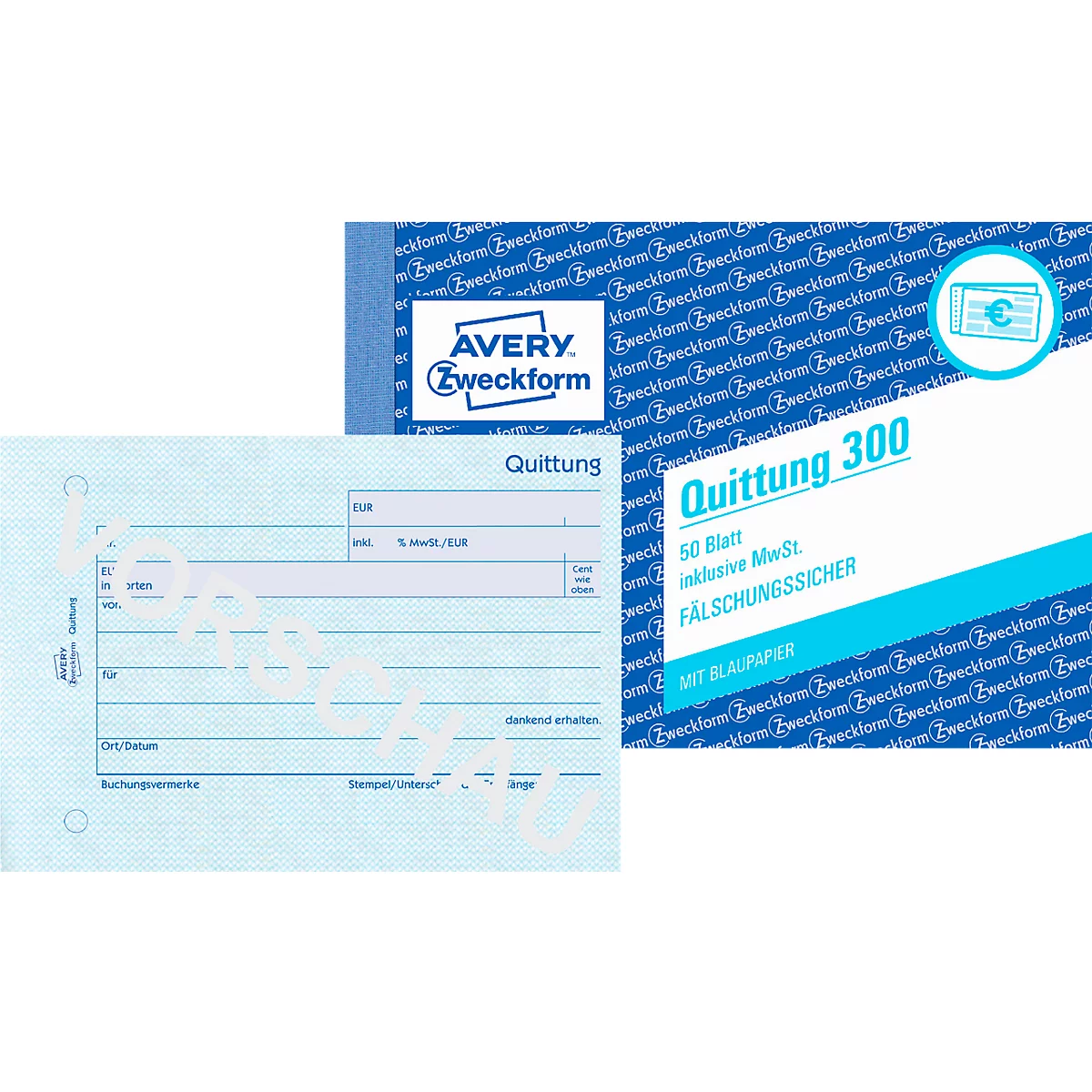 Ontvangstbewijs Avery Zweckform 300-5, incl. BTW, A6 liggend formaat, 5 blokken met elk 50 vellen, FSC® papier, wit