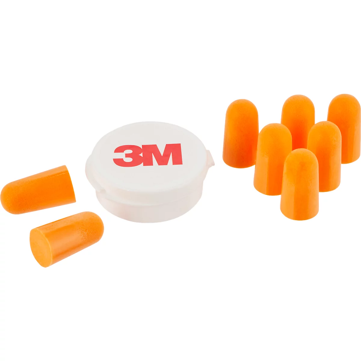Oranje oordopjes en een doosje met 3M-logo.