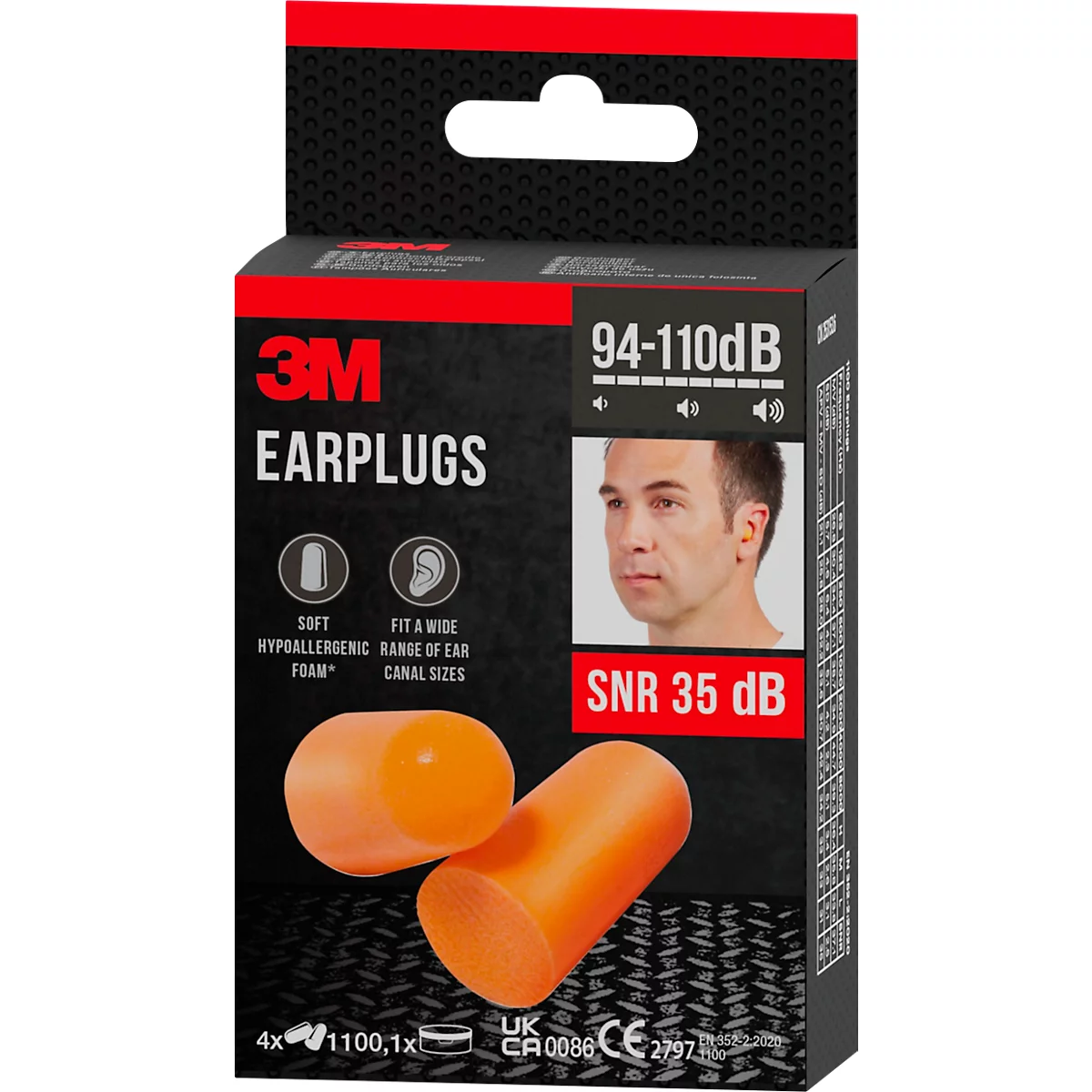 Oranje oordopjes voor een productverpakking. De verpakking toont productinformatie en een afbeelding van een man.