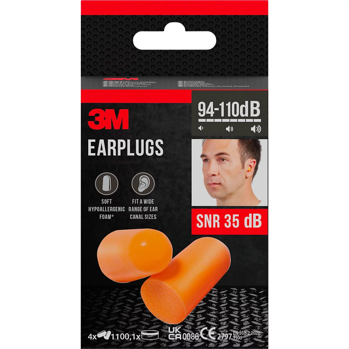 Verpakking van oranje 3M oordopjes, SNR 35 dB, met illustraties en teksten.