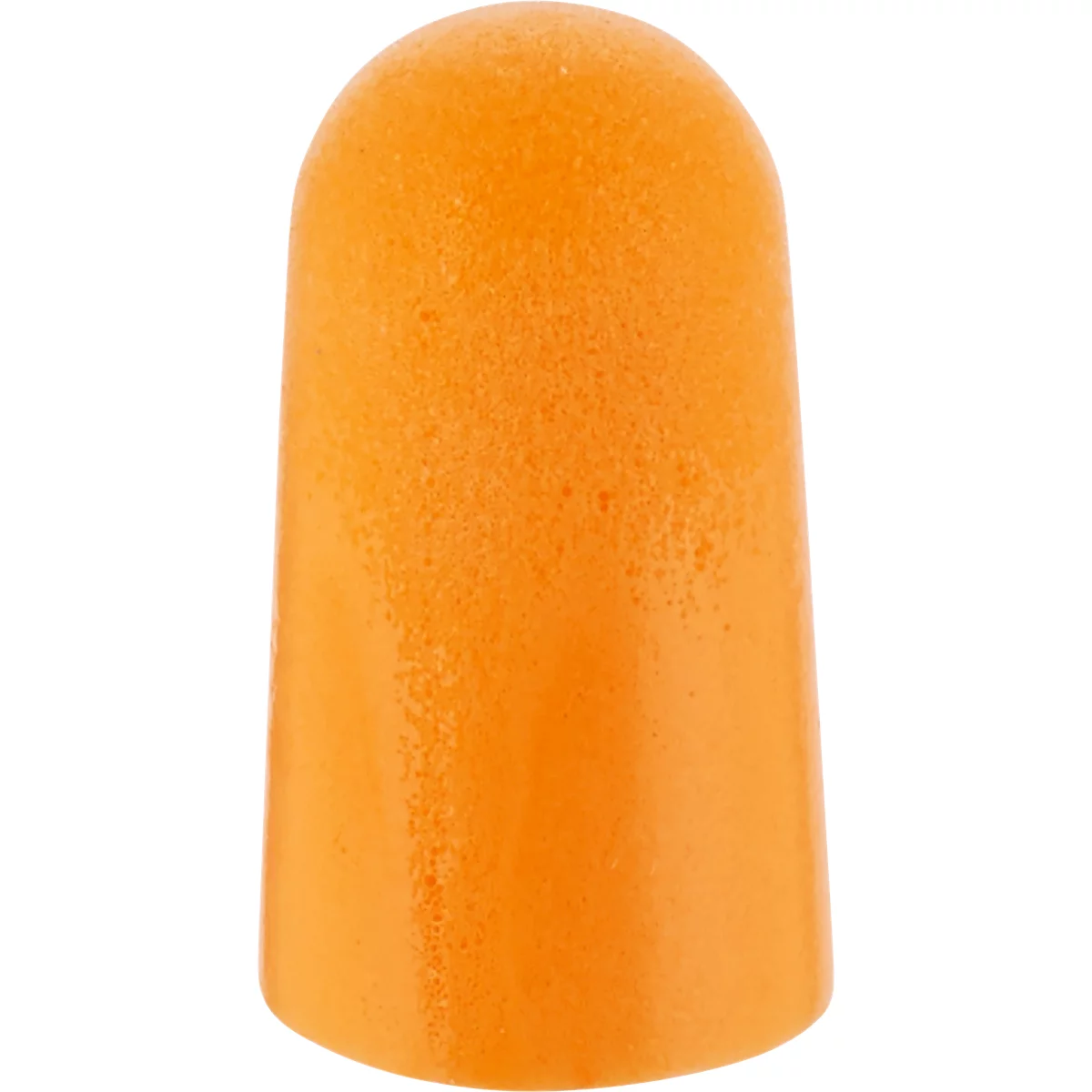Een enkele, kegelvormige, oranje oordop, tegen een witte achtergrond. Het schuim heeft een poreuze textuur.