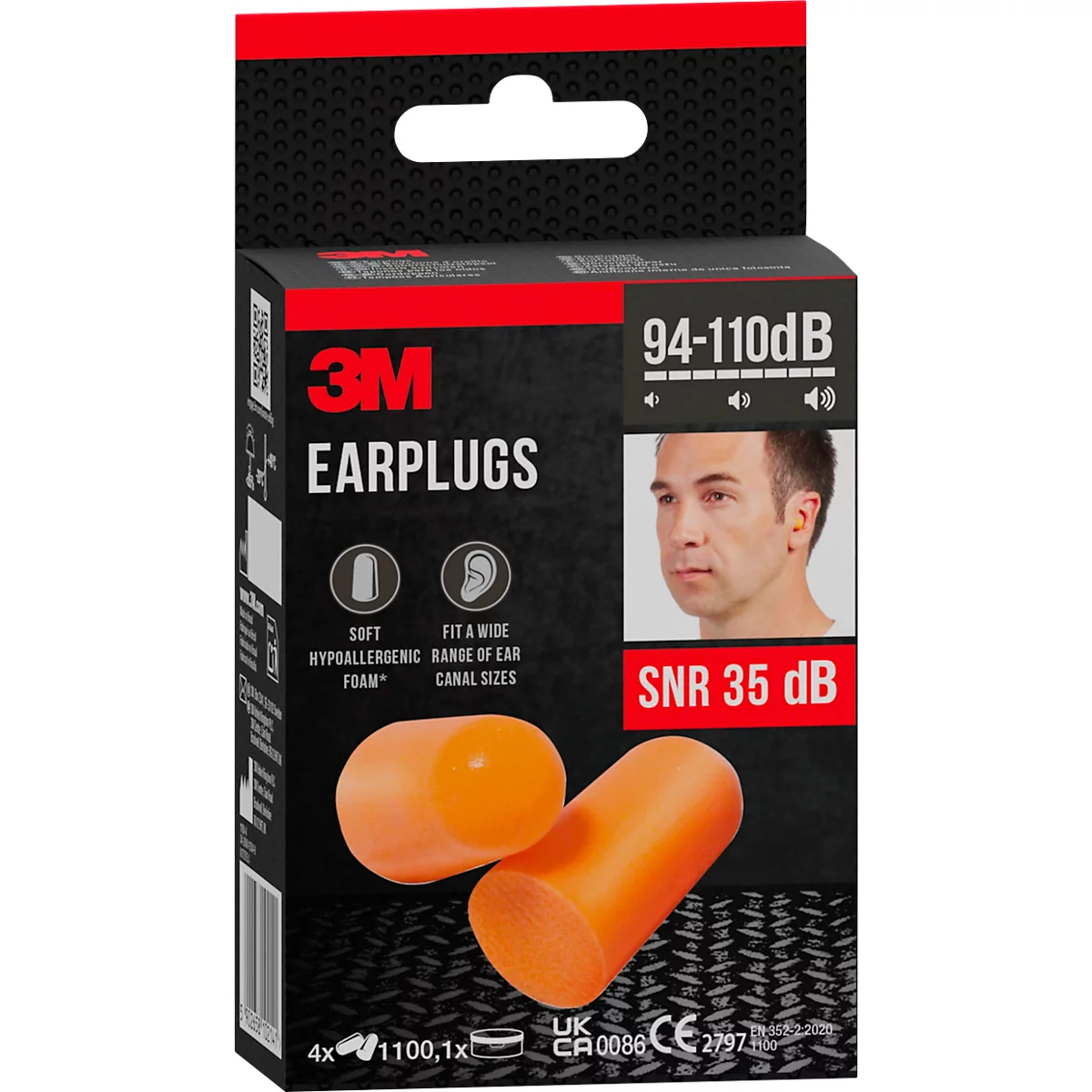 Een verpakking van 3M oordopjes toont twee oranje pluggen. Daaronder staat SNR 35 dB. 3M EARPLUGS staat op de verpakking.