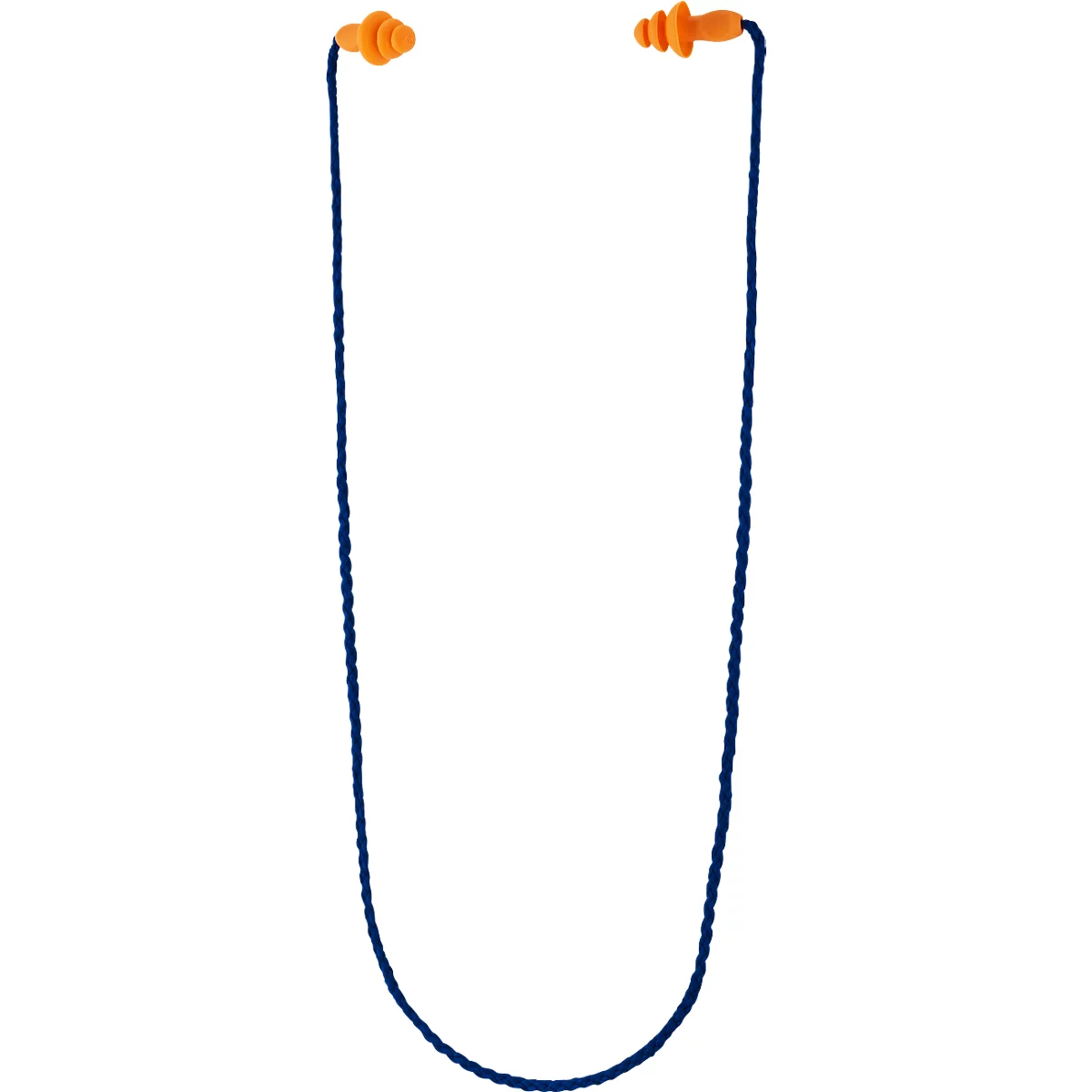 Oranje oordopjes met een blauw koord. Ze worden individueel getoond tegen een witte achtergrond.