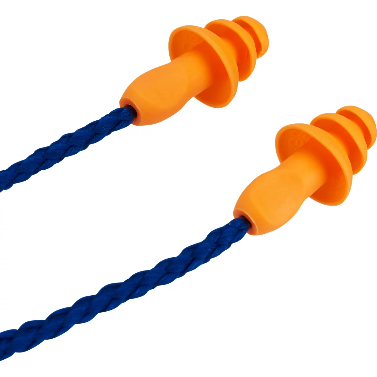 Twee oranje oordopjes met een blauw koord.