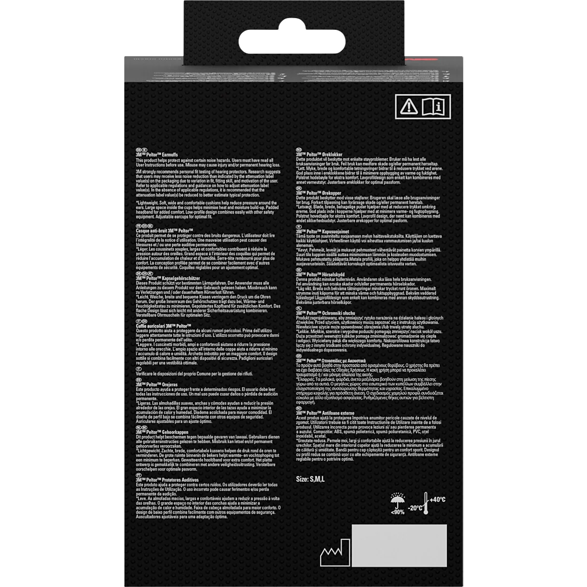 Zwarte verpakking met tekst in verschillende talen. Er is een handvatgat aan de bovenkant.