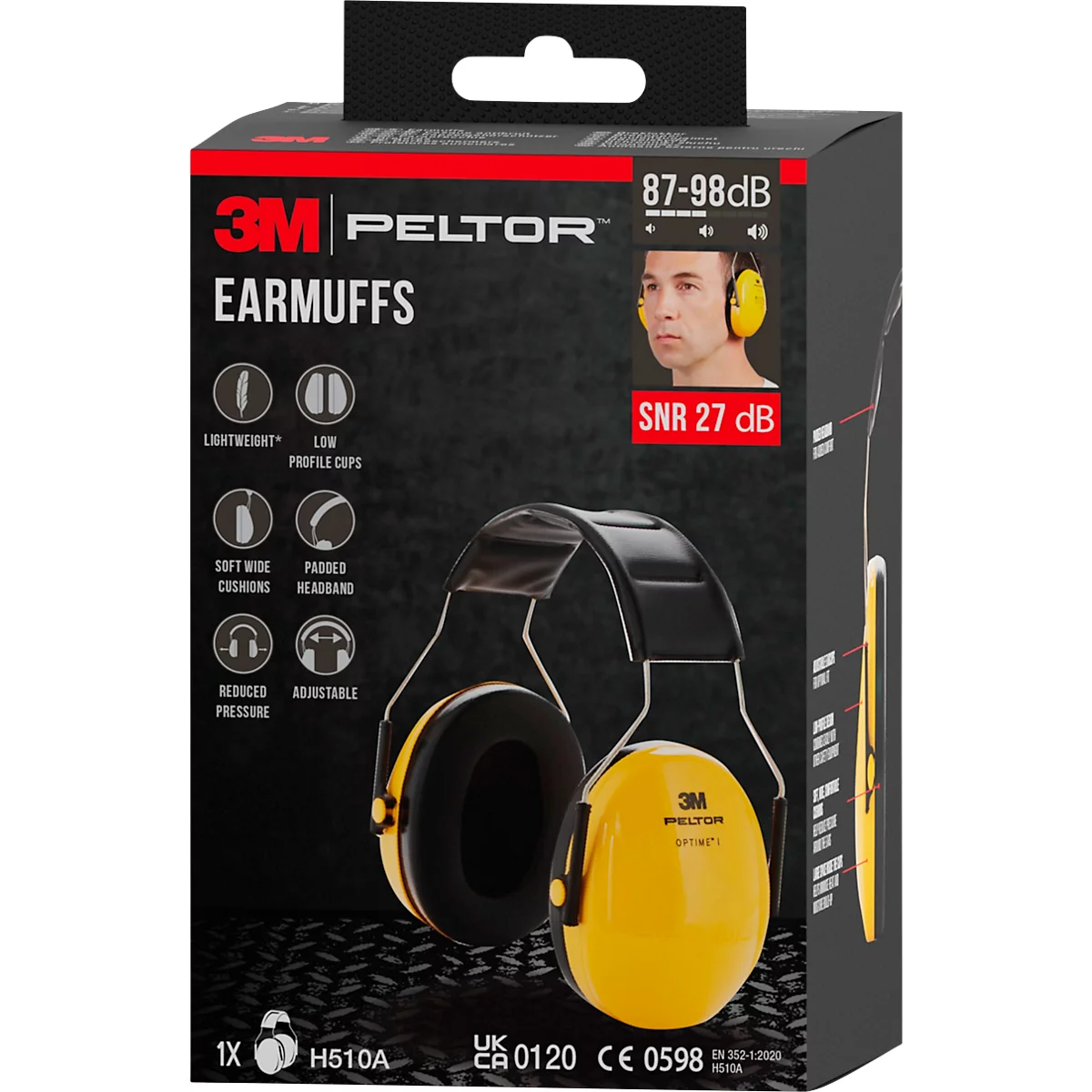 3M Peltor gehoorbeschermers, geel en zwart, afgebeeld op verpakking.