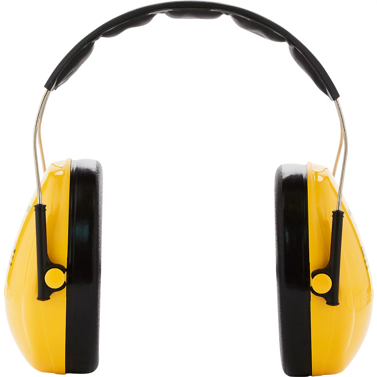 Gele oorbeschermers met een zwarte rand, verbonden door een hoofdband.