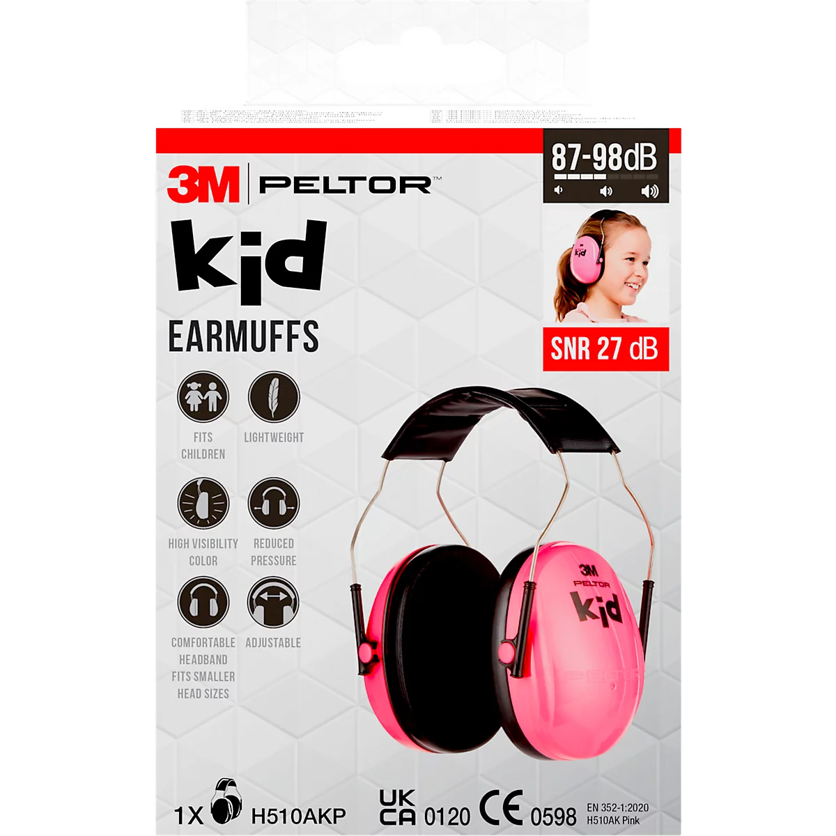 Roze oorkappen voor kinderen. Op de verpakking staat 3M Peltor Kid, SNR 27 dB.