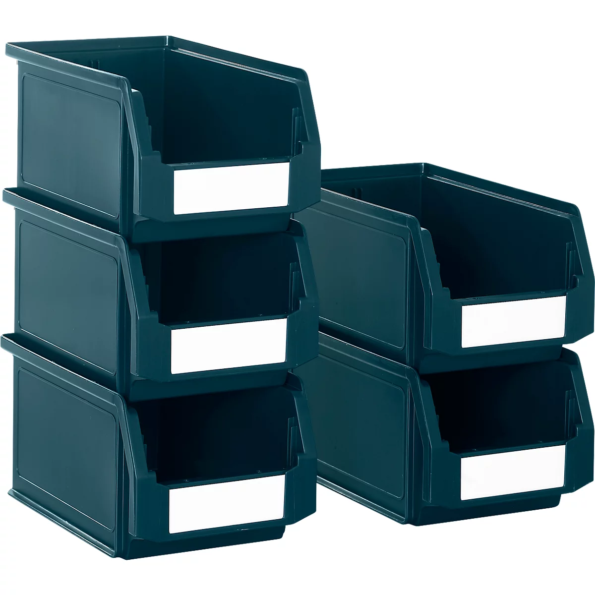 Verschillende groene plastic containers, gerangschikt in twee stapels. Elke container heeft een wit labelgebied.