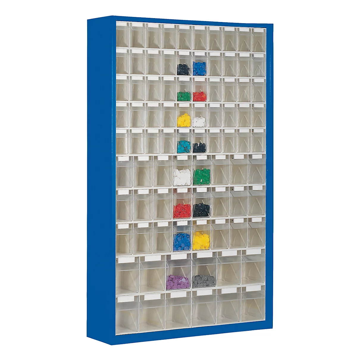 Opbergbakkast, inhoud 635 l, 86 uitneembare opbergboxen met verzonken greep, B 1270 x D 250 x H 2000 mm, g.blauw/transp.