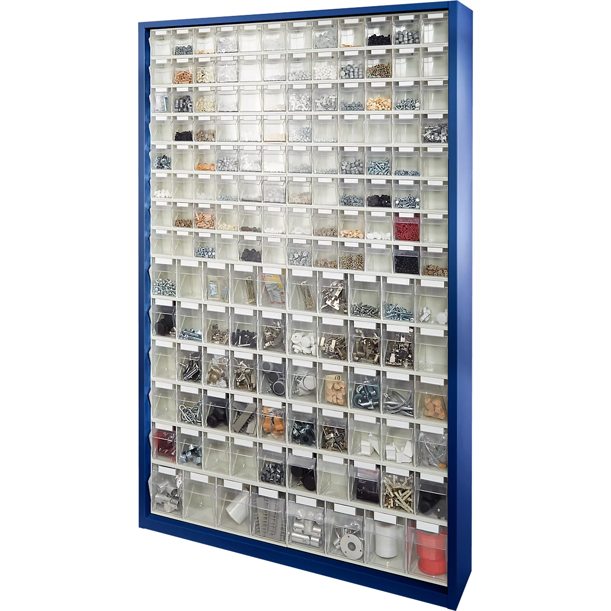Opbergbakkast, volume 635 l, 154 uitneembare opbergboxen met verzonken greep, B 1270 x D 250 x H 2000 mm, g.blauw/transparant